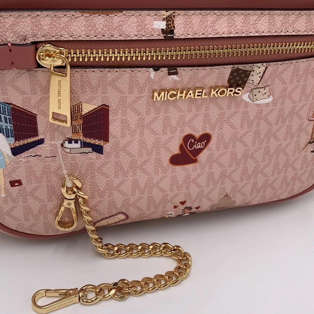 MICHAEL KORS JET SET GIRLS LARGE EAST WEST ZIP PACKED CHAIN XBODY DK POW…